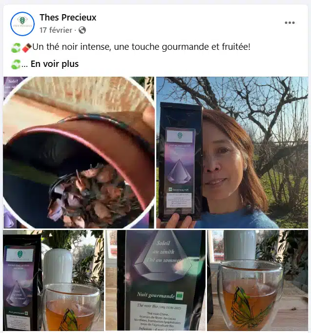 Capture d'écran d'un post Facebook Kathia Kolen présente un thé noir en quelques photos hivernales